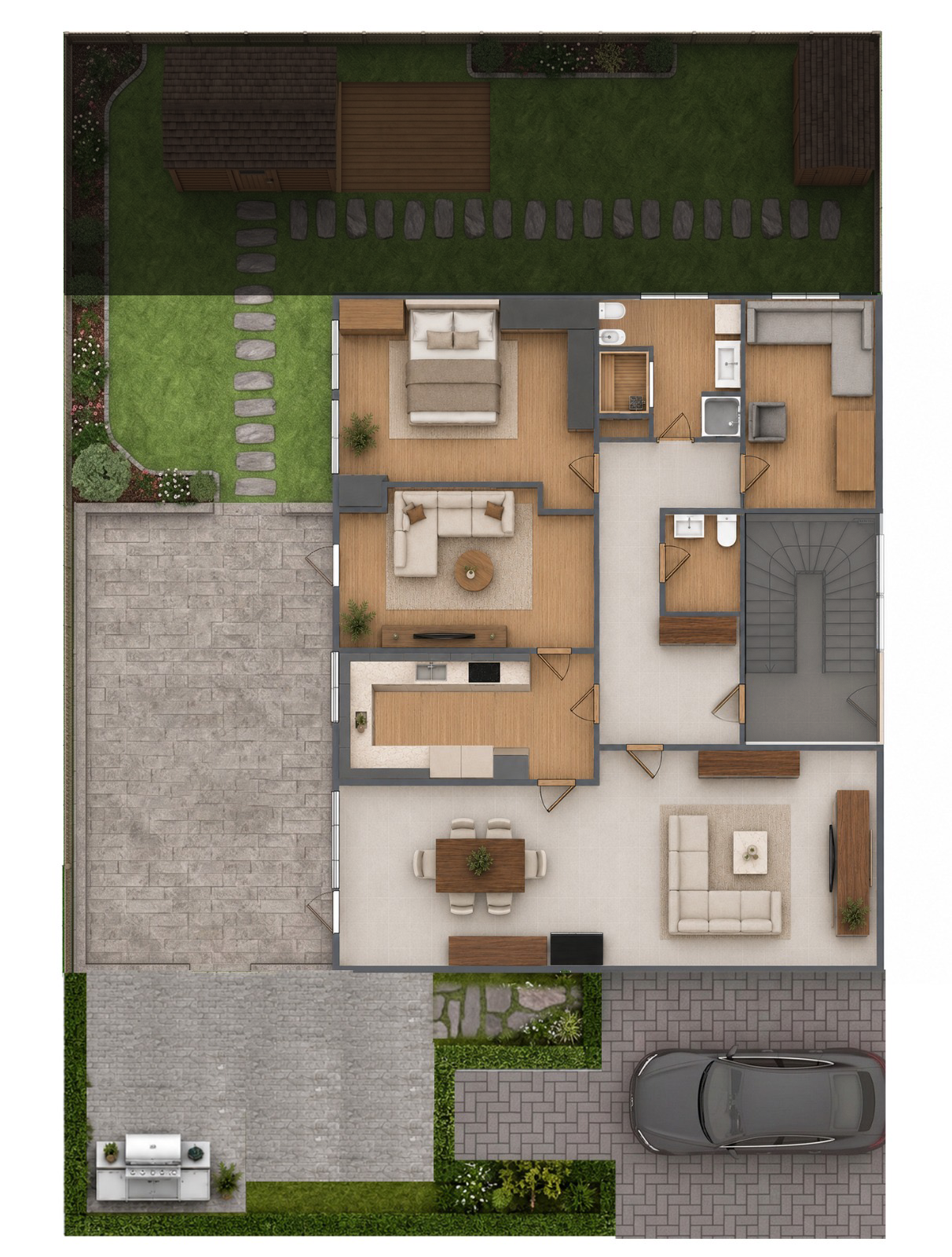 Grundriss der Erdgeschosswohnung mit Garten, Terrasse, Grillbereich und Stellplatz