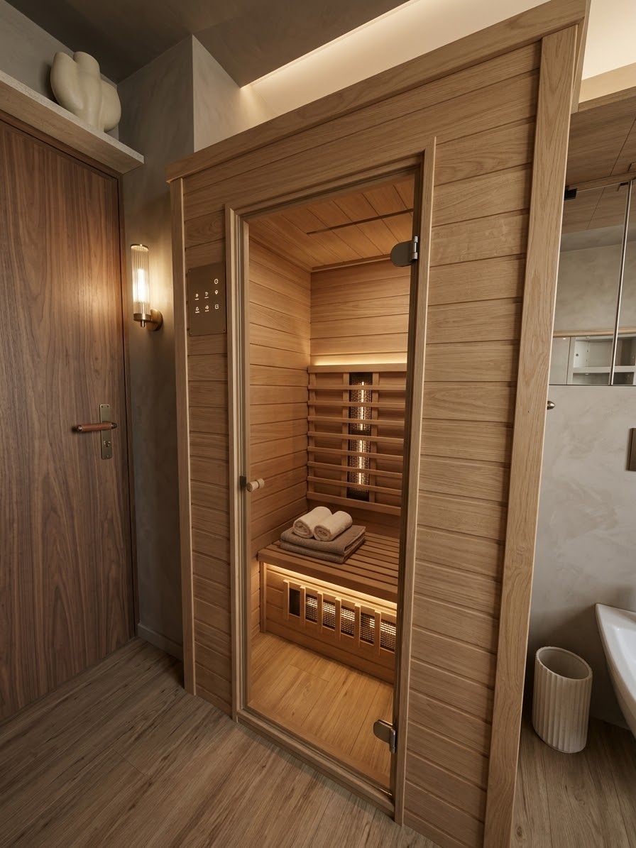 KI-generierter Gestaltungsvorschlag für die kleine Rotlicht-Sauna im Hauptbad